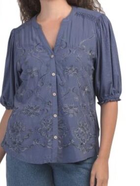 Democracy Blue Embroidered Blouse